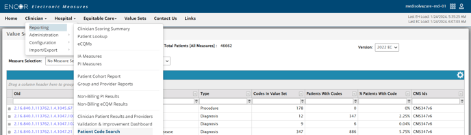 Reporting - Patient Code Search